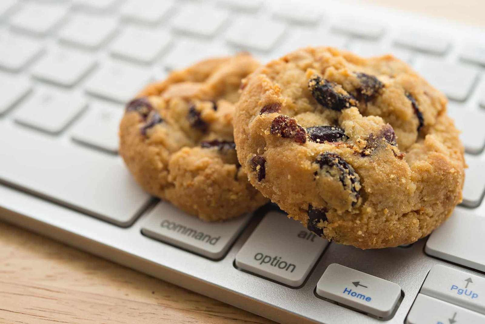 Two chocolate chip cookies on a computer keyboard