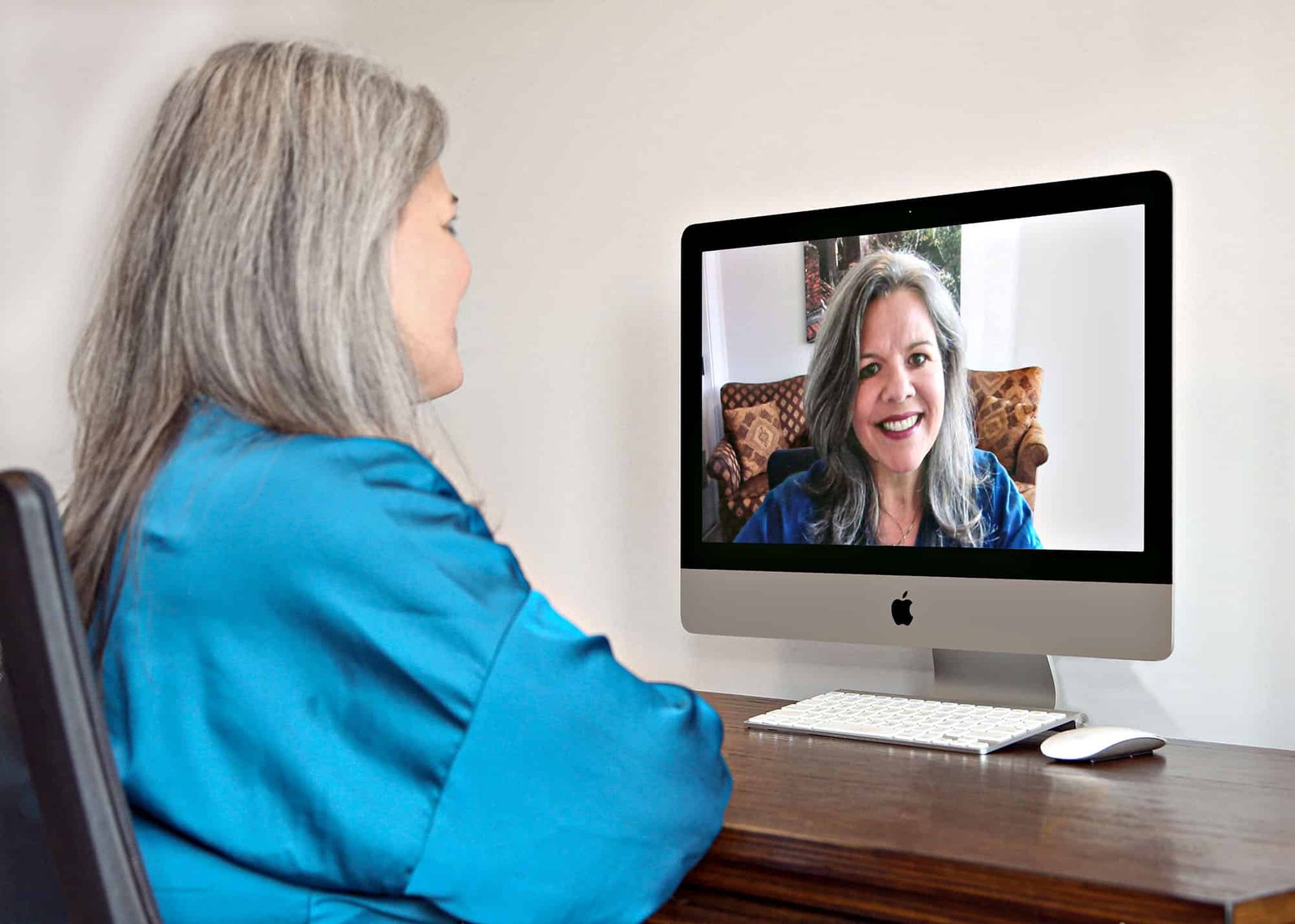 Josée Brouillette, M.Ed. a woman video chatting on desktop computer at home office