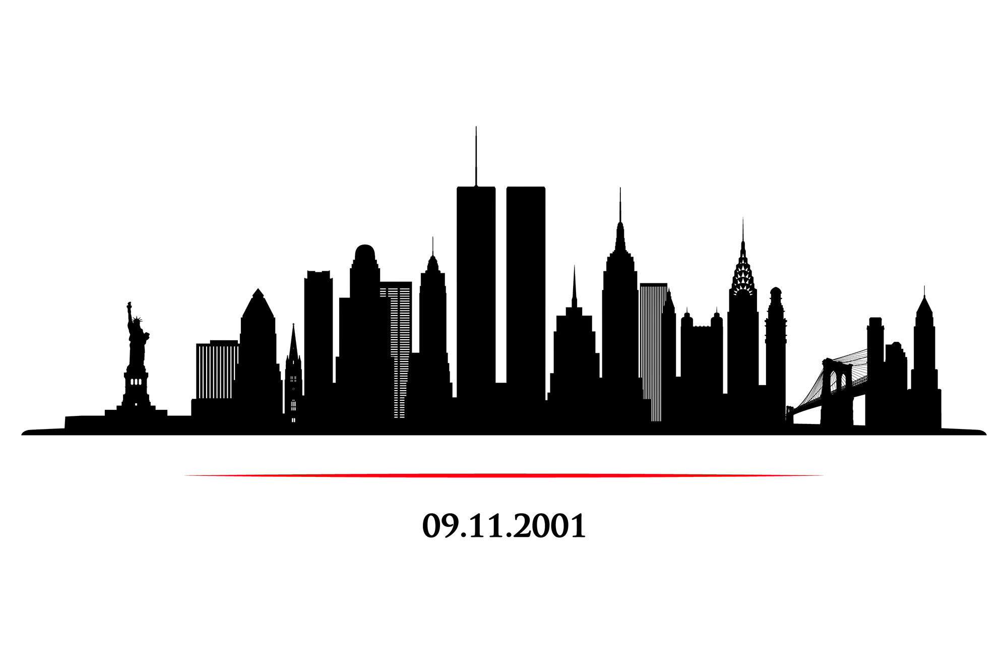 New York City Skyline with twins tower. World Trade Center. 09.11.2001 American Patriot Day anniversary banner. Vector illustration.